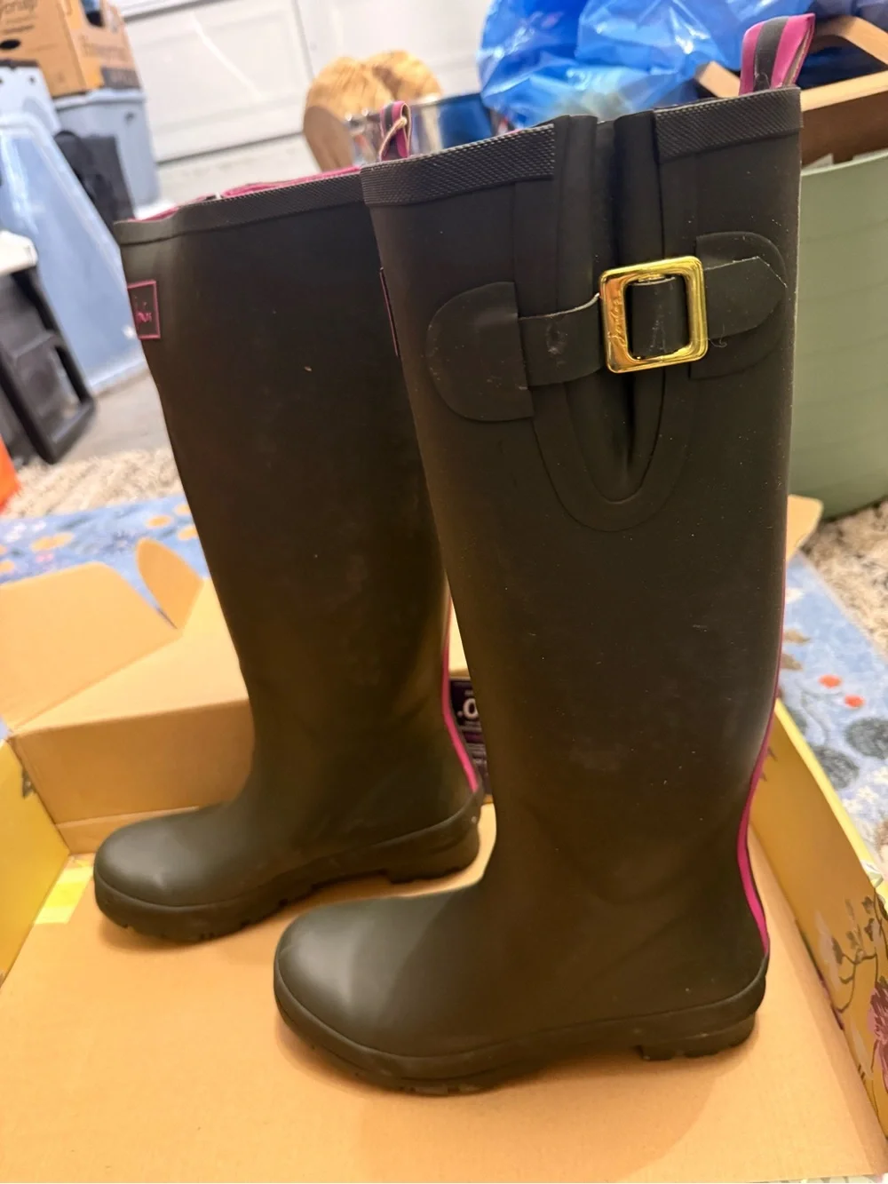 Joules dark green Tall Rain Boots with Pink Logo Trim